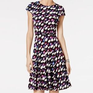 JESSICA Howard Midi Black Belted Geometric-Print A-Line Dress Size 10P